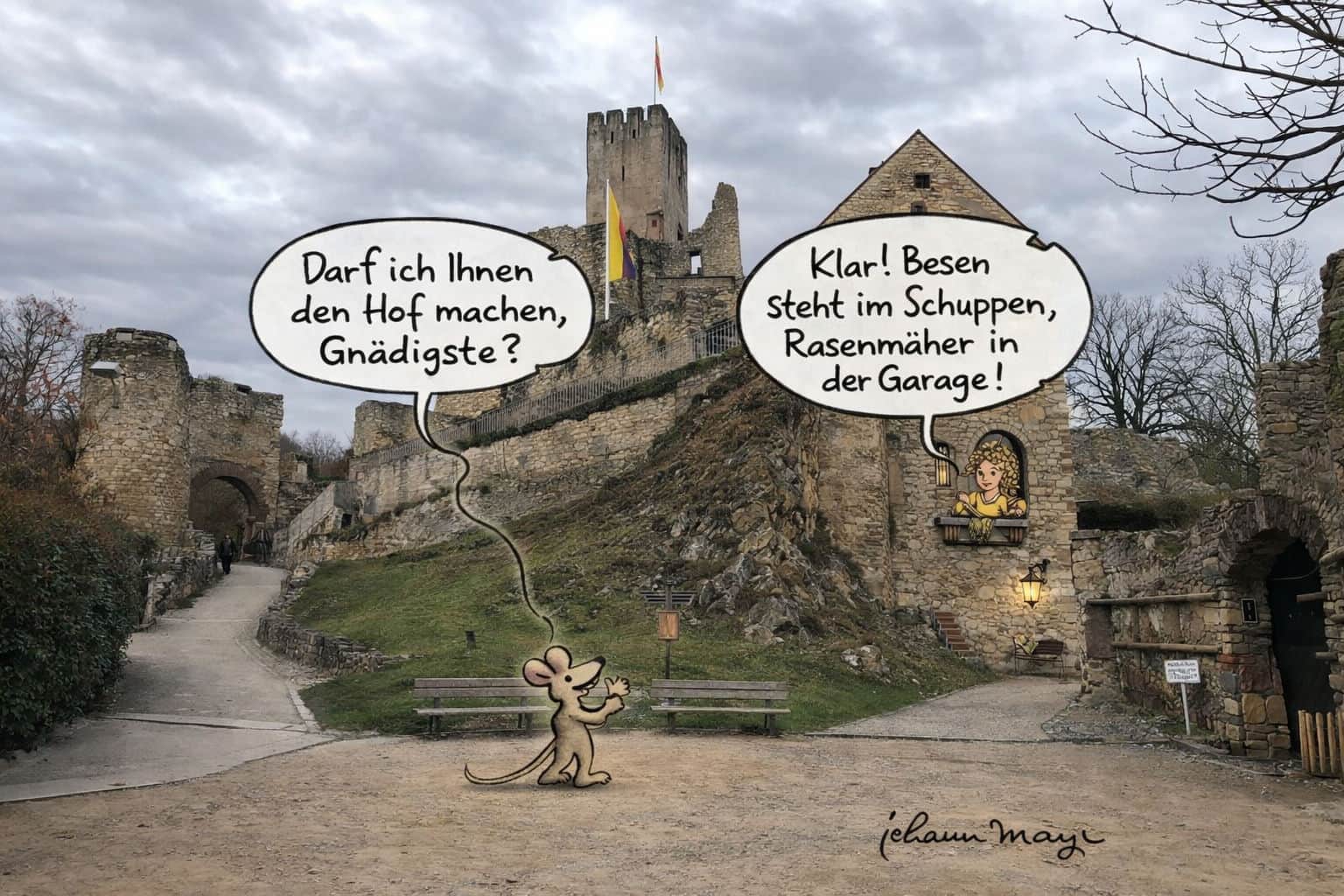 Maus und Dame vor Burg Rötteln